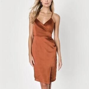 Lulu's Dress Size Large Hot Night Out Bronze Satin Surplice Faux-Wrap‎ Cocktail